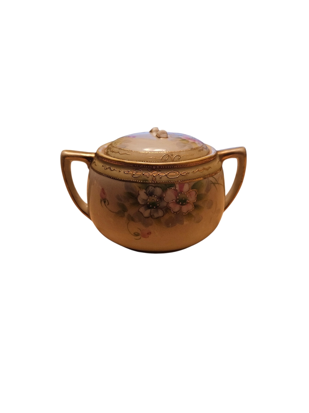 Antique Nippon Hand Painted Biscuit Jar Covered Bowl Gold Gilt Floral Lid Damage